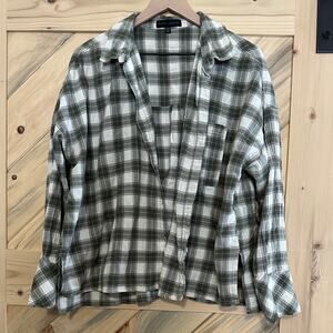 XL Sanctuary plaid button down top in green and white with a pink accent stripe